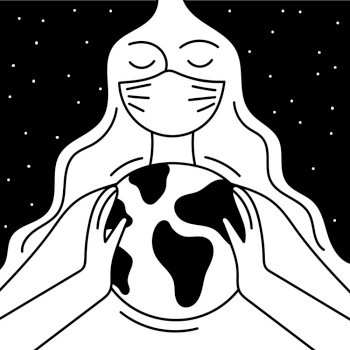 A woman in a medical mask holds a planet in her hands. The concept of saving the earth and humanity from a pandemic, coronavirus. Doodle vector illustration.
