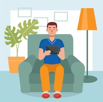 A man sits in a chair at home and holds a tablet in his hands. The concept of home activity, the use of gadgets, work, freelance, communication,social networks. Vector cartoon illustration