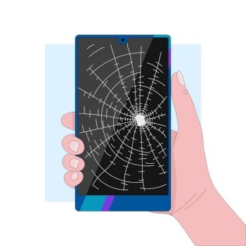 Hand holding a blue glossy smartphone with a broken screen. Breakage. Phone repair.Modern gadgets. Linear flat vector illustration