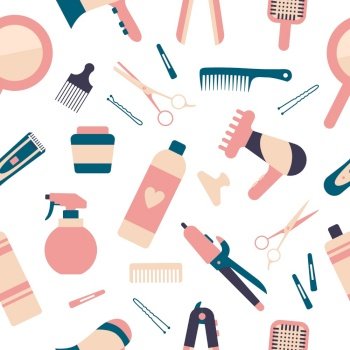 Vector seamless pattern for hair salon. Hair instruments and elements on white background
