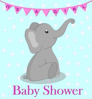 Invitation card baby shower with elephant for girl. Cute elephant with flags on turquoise background. Birthday greetings card with flat grey elephant. vector illustration. Invitation card baby shower with elephant for girl. Cute elephant with flags on turquoise background. Birthday greetings card with flat grey elephant. vector