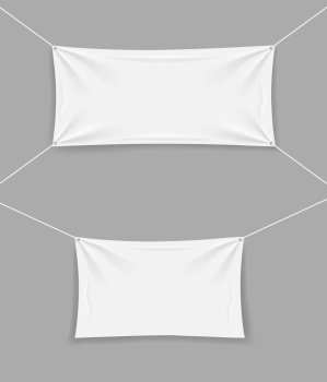 White blank mockup banner with rope and folds. Template textile hanging flag for sale. Empty stretched fabric, canvas, horizontal cloth on isolated background. Realistic banner for text. vector eps10. White blank mockup banner with rope and folds. Template textile hanging flag for sale. Empty stretched fabric, canvas, horizontal cloth on isolated background. Realistic banner for text. vector