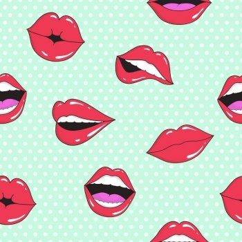 Girl’s lips seamless pattern. Retro lip of girl for cosmetic texture. Female funny mouth with teeth. Seductive romantic seamless composition. Love textile background. Cartoon vector illustration. Girl’s lips seamless pattern. Retro lip of girl for cosmetic texture. Female funny mouth with teeth. Seductive romantic seamless composition. Love textile background. Cartoon vector illustration.