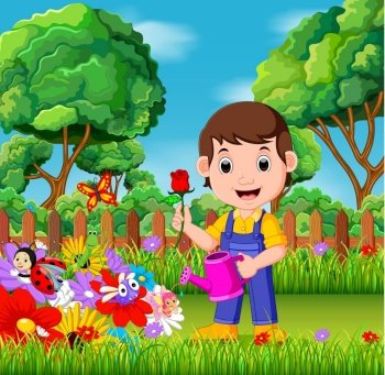 gardener holding flower and watering can in a flower garden	
