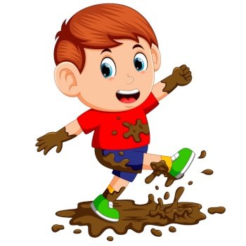 Little boy enjoy playing in the mud	