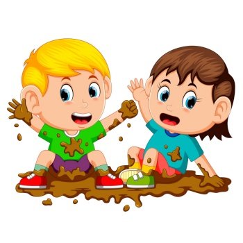 two kids playing in the mud	