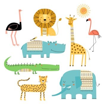 Cute African animals. Vector set of children’s drawings. Traditional ornaments, ethnic and tribal motifs. Doodle style. Elephant, hippo, giraffe, crocodile, lion, cheetah, flamingo, ostrich.