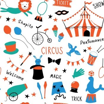Seamless childish pattern with cute circus symbols. Shapito show with performance elements. Doodle hand drawn vector illustration. Scandinavian style kids texture for fabric, wrapping, textile.