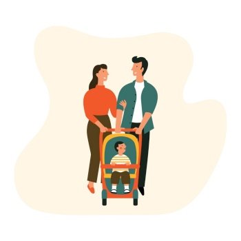 Happy family with baby stroller. Man, woman and a child together on a walk. Smiling cartoon characters. Vector flat illustration.