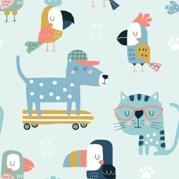 Seamless childish pattern with cute parrots, toucans, cat and dog. Scandinavian style kids texture for fabric, wrapping, textile, wallpaper, apparel. Vector flat funny illustration.