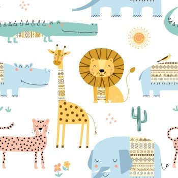 Seamless childish pattern with cute African animals, lion, elephant, hippo, giraffe,crocodile. Scandinavian style kids texture for fabric, wrapping, textile, wallpaper, apparel. Vector illustration.