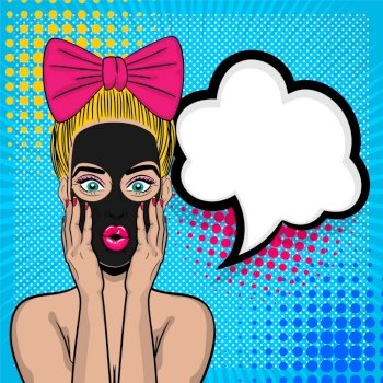 Beautiful sexy girl blonde hair pink bow, wow oops face open mouth in style pop art cosmetic black mask. Comic book retro halftone background. Vector advertise illustration. Comic text speech bubble.. Pop art girl cosmetic black mask wow face