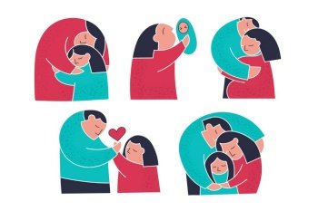 Set of cute family illustration mother, father and daughter. Man and woman create couple. Flat cartoon trendy people. Simple doodle trendy people life. Positive flat cartoon couple vector.