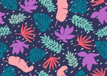 Seamless tropical pattern. Tropical plants and palm leaves in coral, teal and blue colors. Floral background. Fashion print for textile, fabric, covers, wallpapers, print, gift wrap Vector. Seamless tropical pattern. Tropical plants and palm leaves in coral, teal and blue colors. Floral background. Fashion print for textile, fabric, covers, wallpapers, print, gift wrap