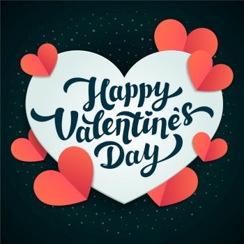 Valentines Day greeting card. 14th of february. Happy Valentines Day Lettering with cut paper hearts on black background. abstract background. Vector illustration.. Valentines Day greeting card. 14th of february. Happy Valentines Day Lettering with cut paper hearts on black background. abstract background. Vector illustration
