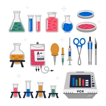 Laboratory equipment, glassware set. Chemical or biological science lab experiment tools for research and testing. Flat style vector illustration on white background. Laboratory equipment, glassware set. Chemical or biological science lab experiment tools for research and testing. Flat style vector illustration on white background.