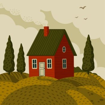 Red farm house. Rural landscape with Barn house in rustic style on green field with cypresses. Vector illustration in flat cartoon style. Red farm house. Rural landscape with Barn house in rustic style on green field with cypresses