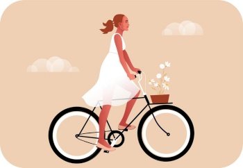 Beautiful girl dressed in stylish clothes riding bicycle with flower bouquet in front basket. Adorable happy young woman on bike. Flat cartoon pastel colors vector illustration.