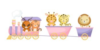Cute gazelle, tiger, giraffe, jaguar and lion ride on train. Graphic element for childrens book, album, postcard or mobile game. Zoo theme. Flat vector illustration isolated on white background.