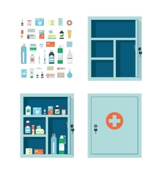 Medicine chest full of drugs, pills and bottles. Empty metal open and closed medical cabinet. Medications that can be put in the first aid kit. Vector illustration in flat style on white background. Medicine chest full of drugs, pills and bottles. Empty metal open and closed medical cabinet.
