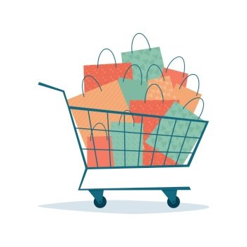 Overflowing shopping cart with paper bags. Symbol of sales and discounts. Black friday. Vector illustration in flat style on white background. Overflowing shopping cart with paper bags. Symbol of sales and discounts. Vector