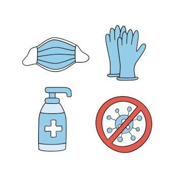 Medical face mask, latex gloves and sanitizer bottle against coronavirus. Covid-19 protective kit isolated on white. Hand drawn vector illustration. Medical face mask, latex gloves and sanitizer bottle against coronavirus