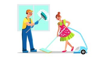 Cleaning Service Employees With Equipment Vector. Man With Mob Washing Window And Woman With Electronic Vacuum Cleaning Room Or Office Floor. Characters Wash And Clean Flat Cartoon Illustration. Cleaning Service Employees With Equipment Vector