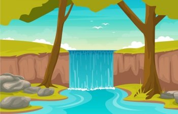 River Waterfall Forest Environment Beautiful Rural Nature Landscape Illustration