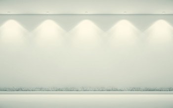 white wall, white floor, lamps, 3d Illustration