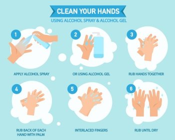 Clean your hands, using alcohol spray and alcohol gel infographic ,vector illustration.