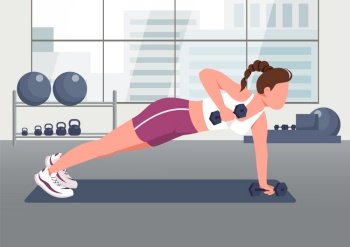 Push ups with dumbbells flat color vector illustration. Female athlete, sportswoman 2D cartoon character with gym on background. Fitness center training, HIIT. Physical training, bodybuilding exercise. Push ups with dumbbells flat color vector illustration