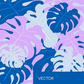 Monstera leaf repeat motiff flat color vector background. Blue philodendron pastel leaves. Floral pattern. Tropical summer vacation social media post mock up. Exotic resort web banner template