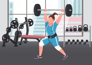 Weightlifting flat color vector illustration. Strong sportswoman, female athlete lifting barbell 2D cartoon character with gym on background. Professional powerlifter training, bodybuilding exercise. Weightlifting flat color vector illustration