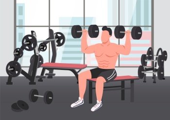 Bodybuilding exercise flat color vector illustration. Strong sportsman lifting dumbbells 2D cartoon character with gym on background. Weightlifting training, exercising in fitness center. Bodybuilding exercise flat color vector illustration
