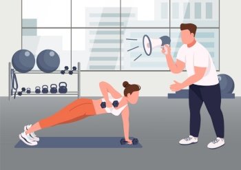 Fitness instructor service flat color vector illustration. Woman working out with coach 2D cartoon character with gym on background. Professional trainer assistance. HIIT, intense workout. Fitness instructor service flat color vector illustration
