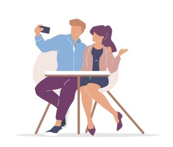 Couple in cafe flat color vector faceless characters. Boyfriend and girlfriend taking selfie. Man and woman in coffeehouse isolated cartoon illustration for web graphic design and animation. Couple in cafe flat color vector faceless characters