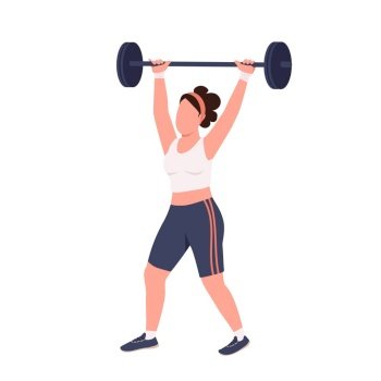 Sportswoman lifting barbell flat color vector faceless character. Amateur weightlifter workout isolated cartoon illustration for web graphic design and animation. Domestic bodybuilding exercise. Sportswoman lifting barbell flat color vector faceless character