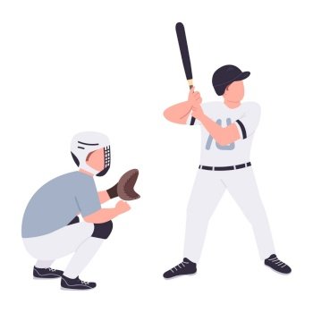 Baseball players flat color vector faceless characters. Batter and catcher in uniform isolated cartoon illustration for web graphic design and animation. Professional sport, university activities
