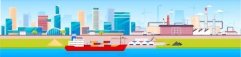 Metropolis panorama flat color vector illustration. Modern city 2D cartoon landscape with skyscrapers and chimneys on background. Cargo ship docked near urban power plant. Business center scenery