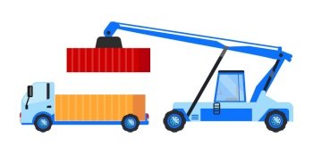 Industrial trucks cartoon vector illustration. Freight truck and mobile crane flat color objects. Heavy machinery for containers transportation isolated on white background. Storage depot vehicles