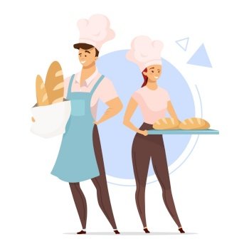 Couple of bakers flat color vector illustration. Bakery concept. Male and female cartoon characters holding bread. Food industry. Isolated cartoon character on white background