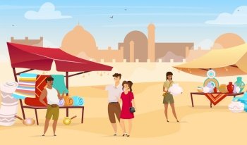 Tourists visiting egyptian bazaar flat color vector illustration. Arabic street market. Travelers buying carpets and handmade pottery faceless cartoon characters with mosque on background