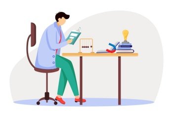 Scientist at his working place flat vector illustration. Man in blue lab coat. University professor. Physicist sitting and reading book isolated cartoon character on white background. Scientist at his working place flat vector illustration