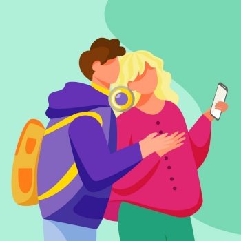 Young couple looking to smartphone screen flat vector illustration. Teenage lovers with gadget. Millennials. Adolescent boyfriend hugging girlfriend isolated cartoon character on turquoise background