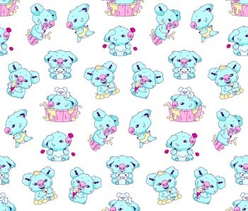 Cute koala kawaii color vector seamless pattern. Adorable and funny animal bathing, eating ice cream, sitting on branch wrapping paper, wallpaper. Anime baby koala character on white  background 