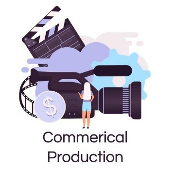 Commercial production flat concept icon. Videography, photography and filmmaking sticker, clipart. TV advertisement and promotion shooting. Isolated cartoon illustration on white background