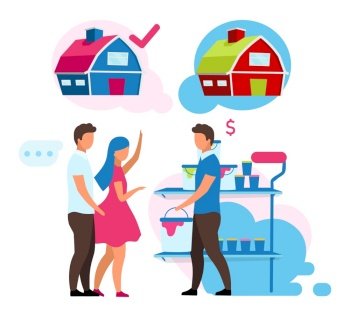 Couple choosing paint flat vector illustration. Shop assistant helping customers buy goods for house renovation cartoon characters. Family shopping. Home service and house wall painting