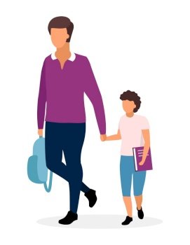 Father with schoolboy flat illustration. Older and younger brothers going to school holding hands cartoon characters. Teenage and preteen schoolchildren with textbook and backpack. Parent and son