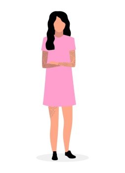 Young hipster girl flat illustration. Teenager in pink dress and tattoos isolated cartoon character on white background. Swag, chic girl, fashionista standing with crossed hands and brunette hair