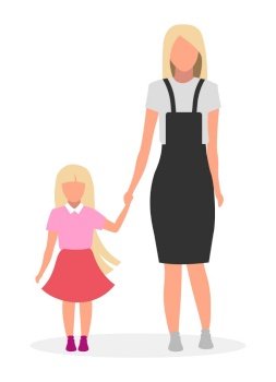 Mother with daughter flat vector illustration. Family lookbook concept. Blonde  younger and older sisters cartoon character. Female parent with preschool, preteen child, kid on white background